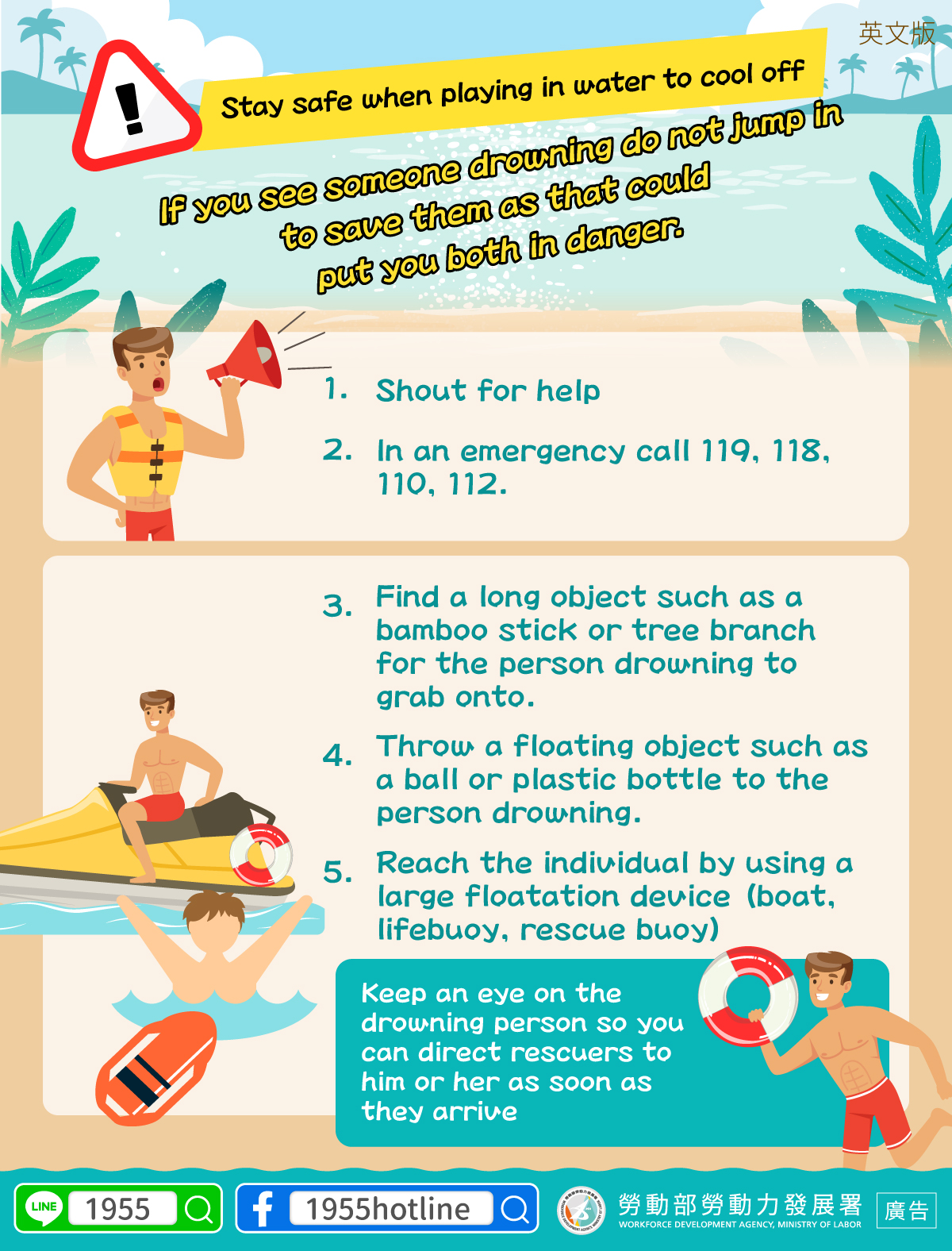 Stay safe when playing in water to cool of-宣導品-宣導專區-外國人勞動權益網-勞動部勞動力發展署